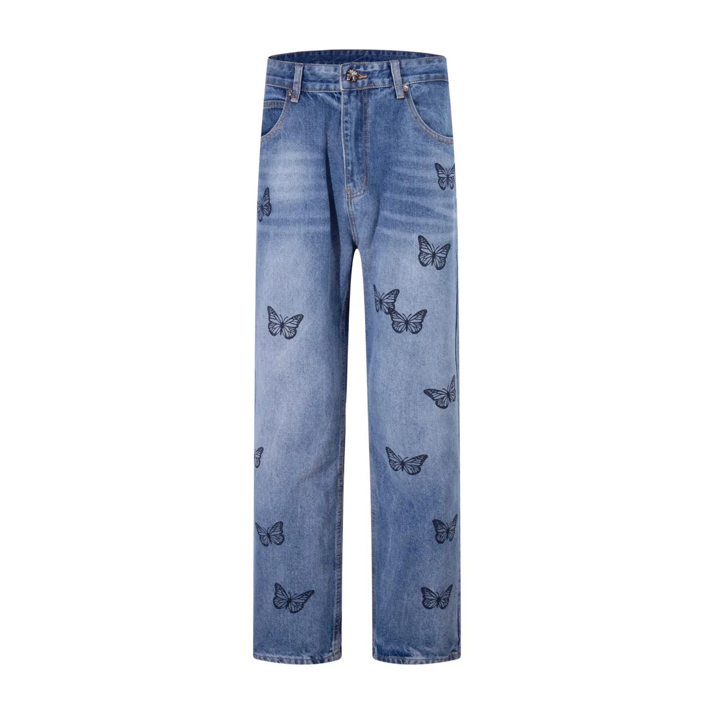P240 Style No.: H96 Croxin & 𝐂𝐡𝐫𝐨𝐦𝐞 𝐇𝐞𝐚𝐫𝐭 Pingtai SS25 blue butterfly print jeans. Styles with different wash textures are very friendly to people with thin legs. The slightly flared version perfectly modifies the leg shape. The timeless and moderate length makes it easy to match and match. It is the basis for various styles and is a must-have in your wardrobe! The fabric is stiff but also makes the upper body soft without losing texture. The washing process is even more perfect. It is a must-have item for everyone! ! ! Washed wheat, hang tag, pants label, three labels complete Color: blue Size: 28-30-32-34